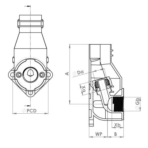 The technical schematic of the Flowflex PEX Elbow Box, product code: PX105