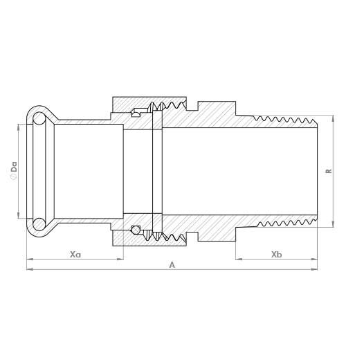 The technical schematic of the Flowflex Copper Press Male Union, product code: 6341GM